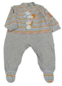 Šedo-světlemodro-oranžový pruhovaný sametový overal s hrochem