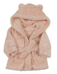 Světlerůžový chlupatý župan s nápisem a kapucí
