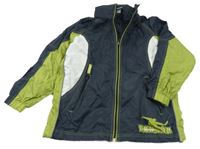 Tmavomodro-bílo-zelená šusťáková jarní bunda s ukrývací kapucí Pocopiano