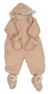Světlerůžová šusťáková prošívaná zateplená kombinéza s kapucí+ rukavice+ capáčky H&M