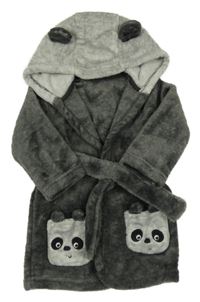 Tmavošedý chlupatý župan s pandami a kapucí
