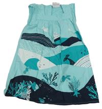 Mentolovo-tyrkysovo-tmavomodré plátěné šaty s podmořským světem Topomini