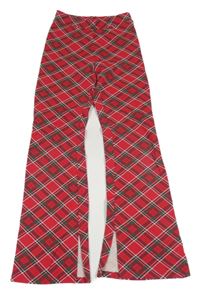 Červeno-bílo-zelené kárované flare kalhoty s rozparky H&M