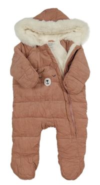 Růžová manšestrová zimní kombinéza s medvídkem a kapucí F&F