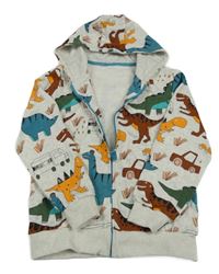 Šedá melírovaná propínací mikina s dinosaury a kapucí 