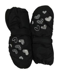 Černé šusťákové palcové zimní rukavice se srdíčky 