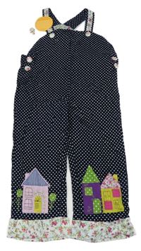 Nové - Tmavomodré manšestrové laclové kalhoty s puntíky a domečky Powell Craft