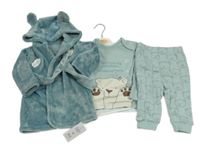 Nové - 3set - Zelenošedý chlupatý župan s kapucí + triko + tepláky s medvídk George 
