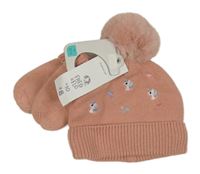 Nové - 2set - Světlerůžová pletená čepice s jednorožci + rukavice F&F