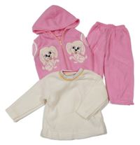 3set - Růžová fleecová vesta s pejsky + tepláky + smetanová mikina