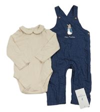 Nový - 2Set - Tmavomodro-bílé kostkované plátěné laclové podšité kalhoty s králíčkem - Peter Rabbit + smetanové body s límečkem M&S