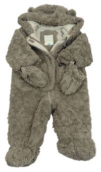 Šedohnědá chlupatá zateplená kombinéza s kapucí  + rukavice John Lewis