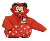 Červená prošívaná šusťáková zimní balonová bunda s Minnie a puntíky a kapucí Dísney