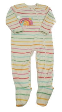 Smetanovo-barevný pruhovaný fleecový overal s duhou a dinosaurem 