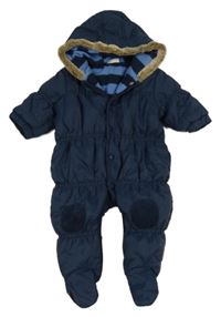 Tmavomodrá prošívaná šusťáková zimní kombinéza s kapucí s kožešinou Next