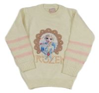 Smetanový svetr s Elsou a kamínky a světlerůžovými pruhy 