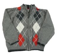 Šedo-červeno-bílo-černý melírovaný károvaný propínací svetr C&A