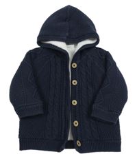 Tmavomodrý vzorovaný pletený propínací zateplený svetr s kapucí Next