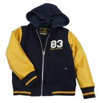 Tmavomodro-hořčicový flaušovo/koženkový zateplený bomber s číslem a kapucí C&A