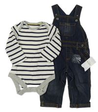 Nové - 2Set - tmavomodré riflové laclové podšité kalhoty + bílo/tmavomodré pruhované body M&S