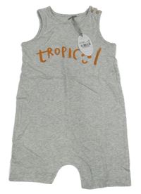 Nové - šedý melírovaný kraťasový overal s nápisem a smajlíkem Tu