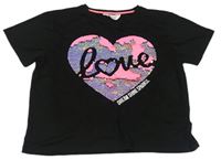 Černé crop tričko se srdcem z překlápěcích flitrů Primark