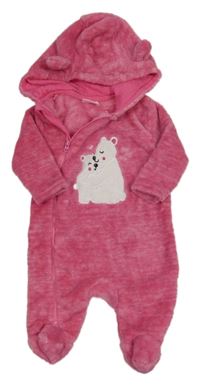 Tmavorůžová melírovaná chlupatá kombinéza s medvědy a kapucí Orsolino