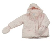 Světlerůžová šusťáková zateplená bunda s výšivkami a kapucí + rukavice