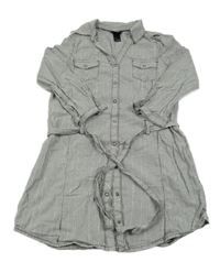 Tmavošedo-bílé pruhované třpytivé propínací košilové šaty s páskem H&M