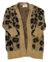 Hnědý chlupatý svetrový cardigan s leopardím vzorem Zara