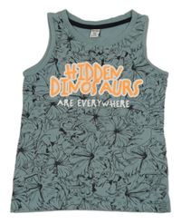 Modrošedé květované tílko s dinosaury a nápisem Dopodopo