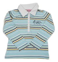Světlemodro-bílo-žluté pruhované polo triko s nápisem Review