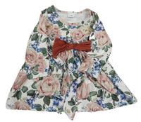 Bílo-barevné květované šaty s mašlí a páskem shein