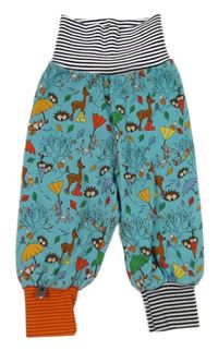 Modré tepláky s obrázky a pruhovaným lemem 