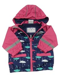 Tmavomodro-růžová šusťáková jarní bunda s deštníky a kapucí 