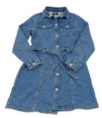 Modré teplákové riflové propínací šaty s límečkem a páskem C&A