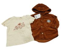 Nové - 2 set - smetanové triko s bagrem + hnědá manšestrová košile s kapucí Next