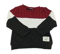 Vínovo-bílo-černé pruhované žebrované úpletové triko