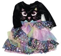 Kostým - černo-barevné sametové/tylové šaty s kočkou Tu