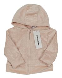 Nové - Růžová plyšová propínací mikina s nápisy a kapucí 