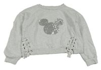 Světlešedá crop mikina s vázáním a Mickeym z flitrů Disney