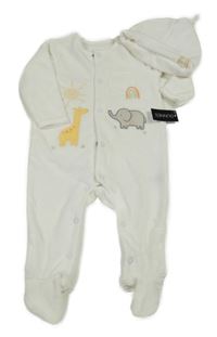 Nové - 2set - Bílý žebrovaný sametový overal se zvířátky + čepice Dunnes 
