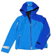 Světlemodro-modrá softshellová bunda s nápisy a kapucí 
