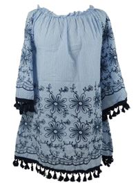 Dámská modro-bílá pruhovaná halenková vyšívaná tunika s květy a třásněmi Velzera 