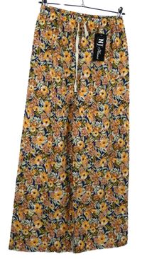 Nové - Dámské modro-oranžovo-růžové květované palazzo kalhoty 