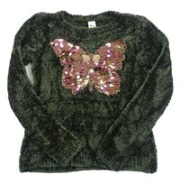 Olivový chlupatý svetr s motýlkem z flitrů C&A