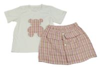 2set- bílé tričko s medvídkem+ růžová kostkovaná sukně