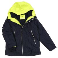 Tmavomodro-neonově žlutá šusťáková jarní bunda s kapucí Decathlon