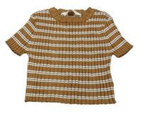 Hnědo-bílé pruhované žebrované pletené crop tričko H&M