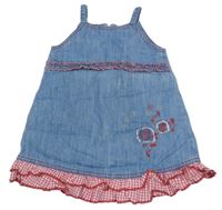 Modro-červené riflové šaty s květinami a volány Topolino